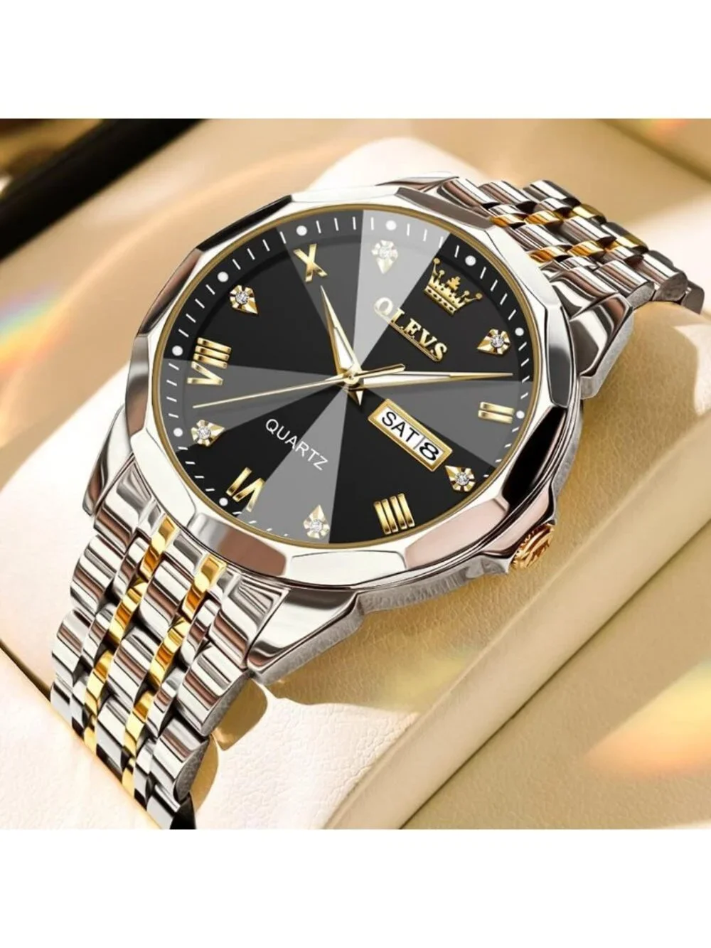 Men's Silver Black Stainless Steel Analog Quartz Diamond Waterproof Luxury Watch